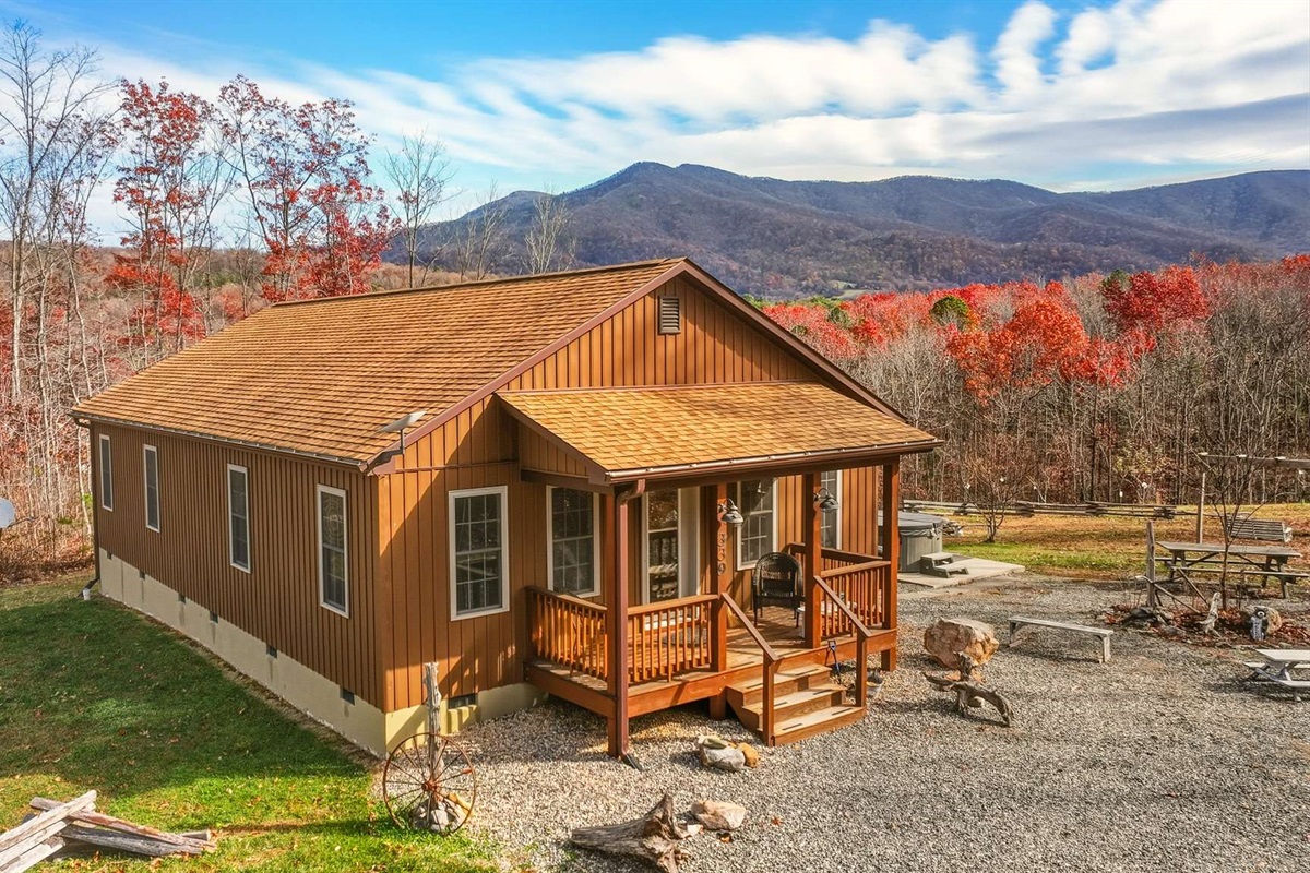 Step outside and enjoy the calm, serene atmosphere of this mountain cabin.