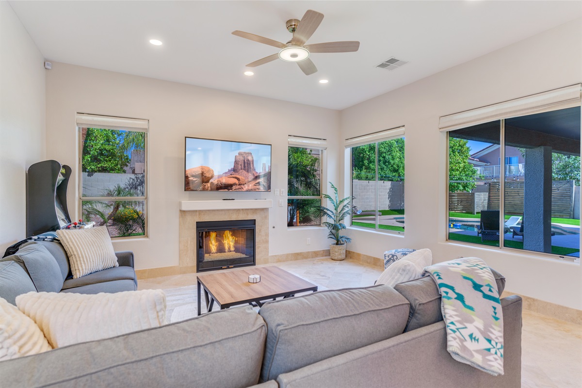 Oversized sectional, blankets, arcade games, gas fireplace....it's all here!