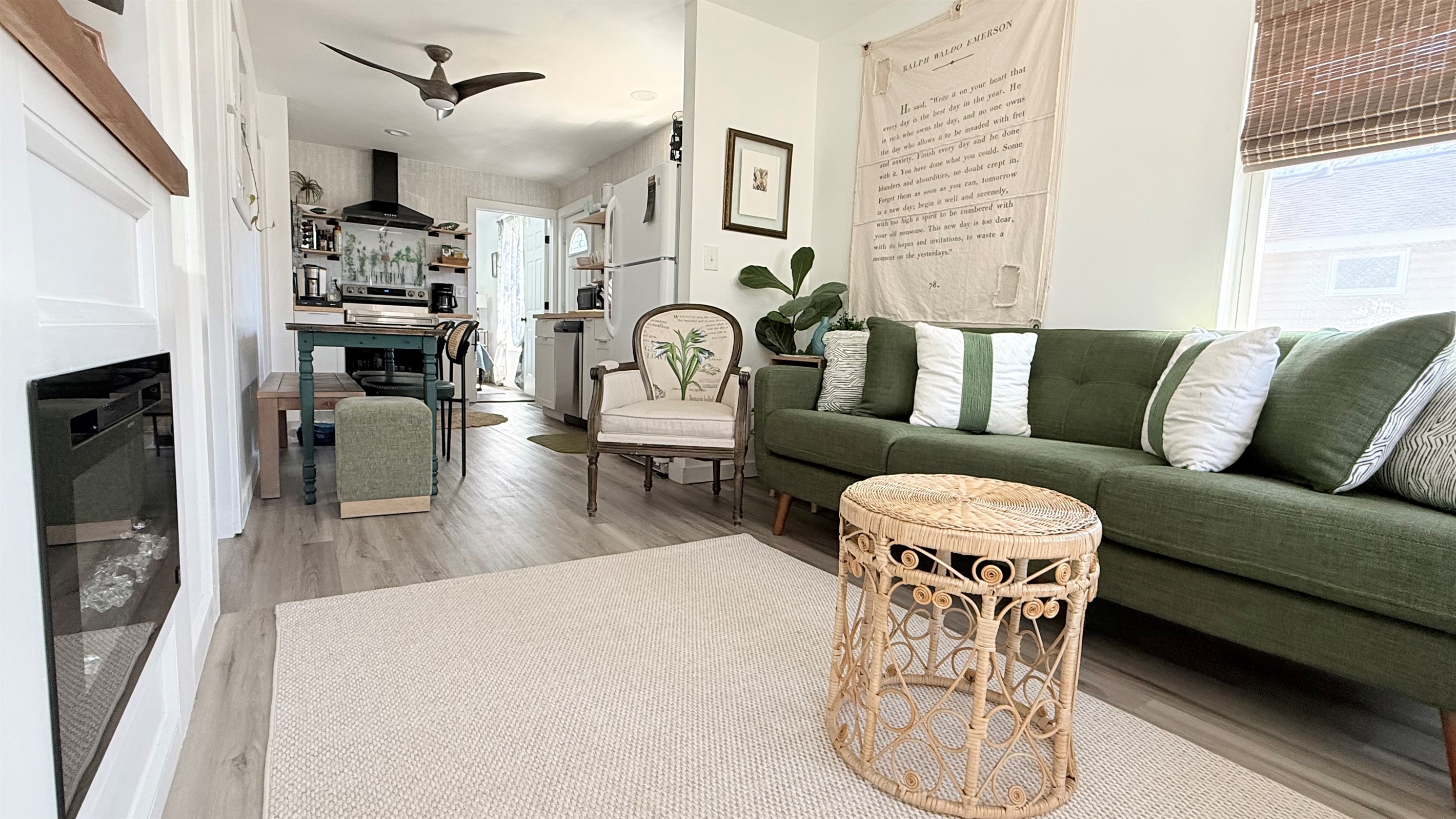 open living room with fireplace for cozy movie nights