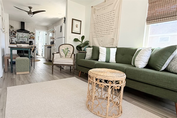 open living room with fireplace for cozy movie nights