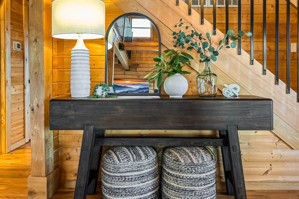 The space's contemporary design perfectly complement the wooden fixtures.