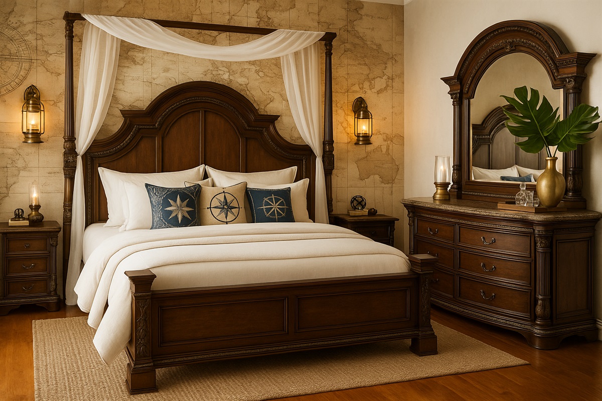 Captain’s Quarters – Ground‑floor suite withTHIS ROOM IS VIRTUALLY STAGED AND IN PROGESS: doors that open straigLet the sea breeze carry you off to dreams of treasure and triumph. A true captain’s domain where comfort meets adventure.