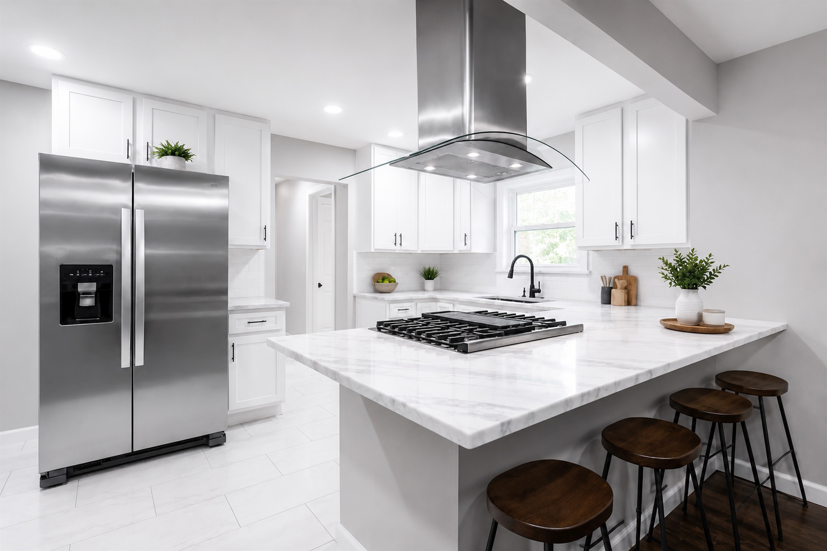 Fully updated open-concept kitchen with oversized island, gas cooktop, and sleek modern finishes throughout