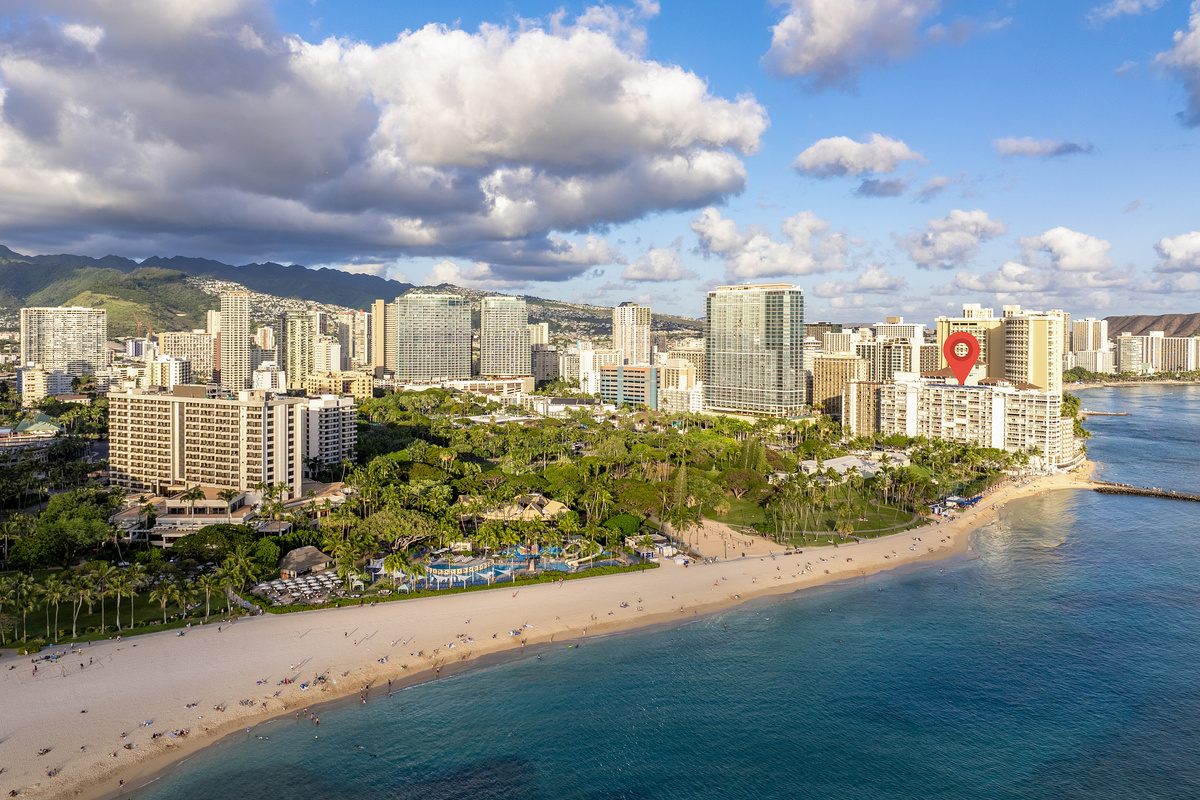 Aerial view of Waikiki Beach and Waikiki Shore 