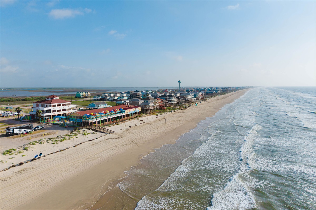 Surfside from above — pavilion, RV area, restaurants, and miles of sand, all a short stroll. 