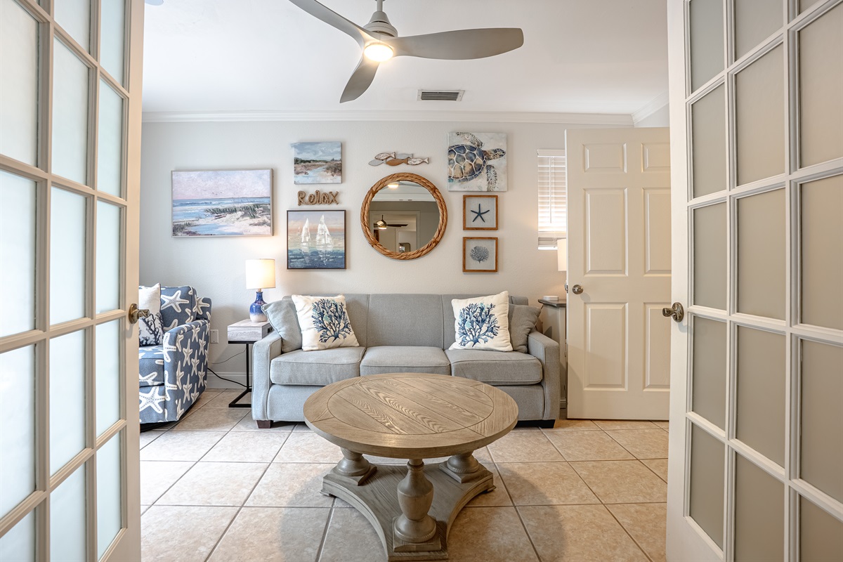 Sun Room, sleeper sofa, half bath