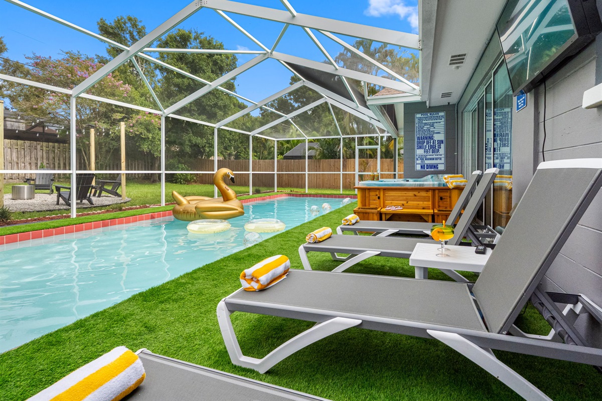 Dip into the refreshing pool, catch some rays on a sun lounger, or unwind in the bubbling hot tub—all in a private, tropical setting.