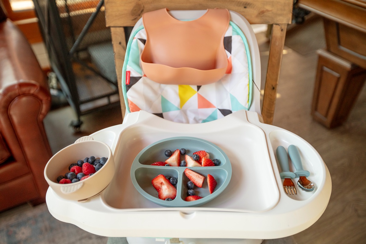 We provide a high chair, bib, plates, sippy cups, and silverware