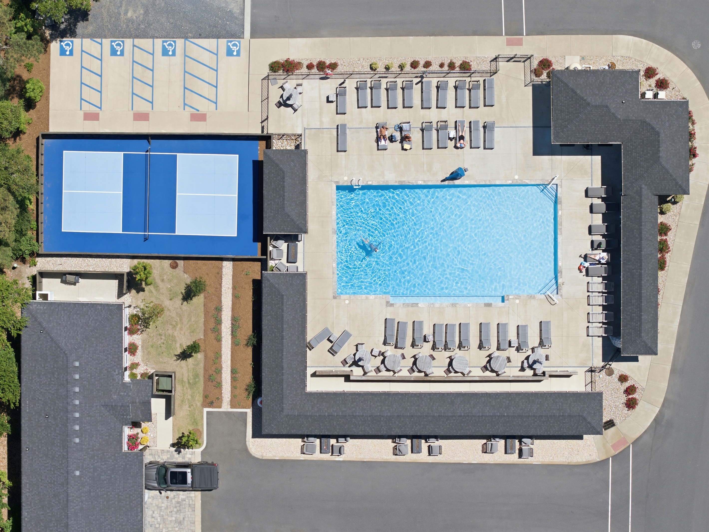 Overhead view of the community pool area