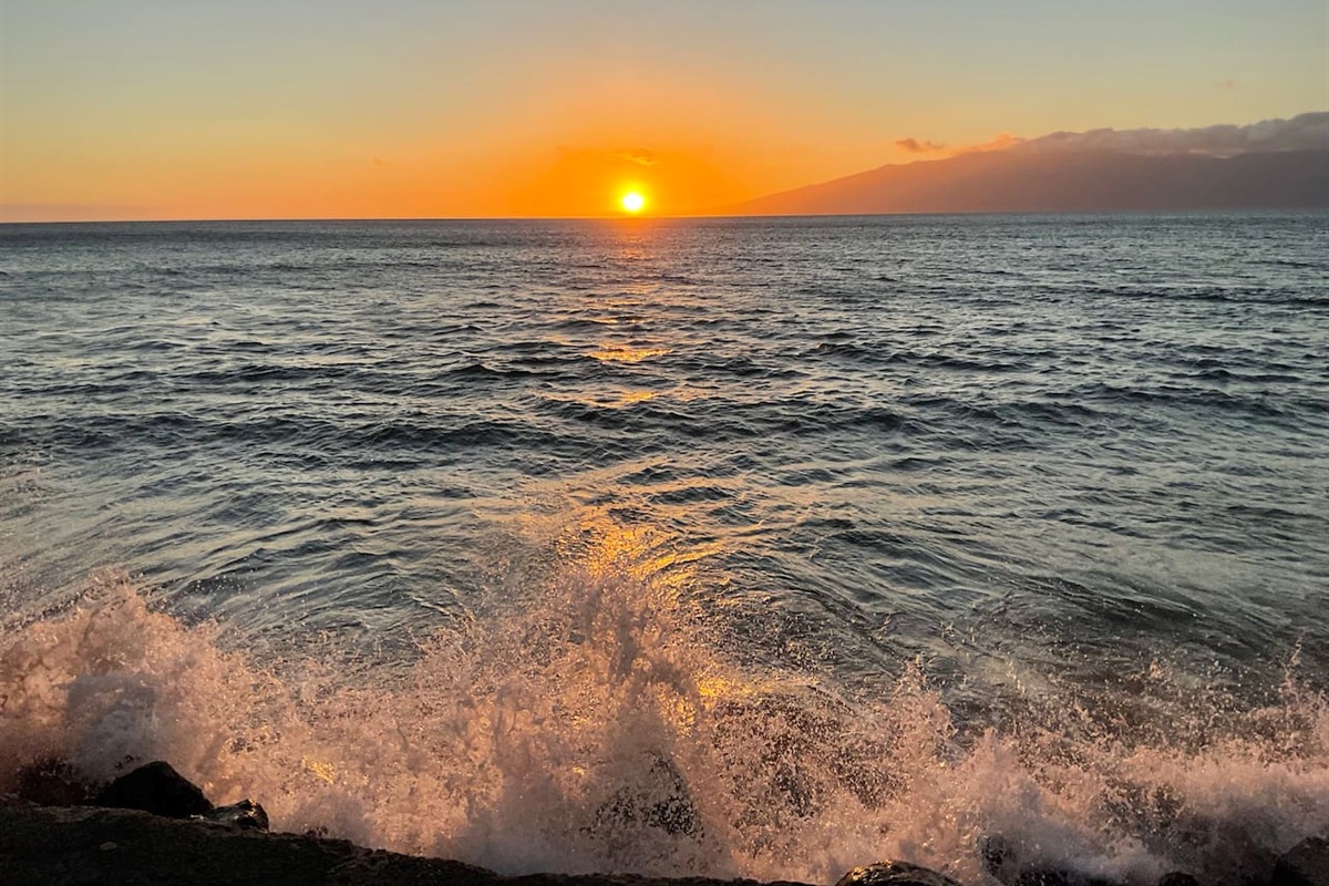 Sunset from Kaanapali Shores resort grounds. During whale season, you can see whales from the resort.