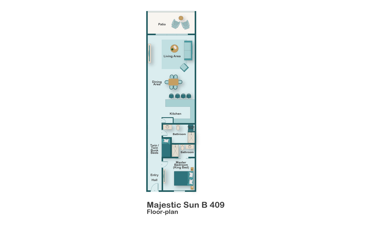 Floor plan for Majestic Sun B409. Spacious living area with plenty of seating, sleeper sofa, 65" Smart TV, relax while enjoying those incredible GULF VIEWS!