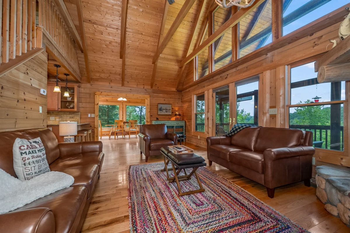 Spacious living room with comfy leather couches