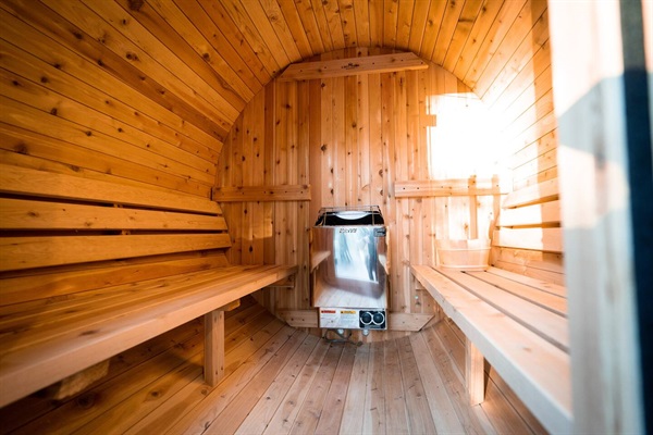 Indoor view of sauna.  Seats 4.