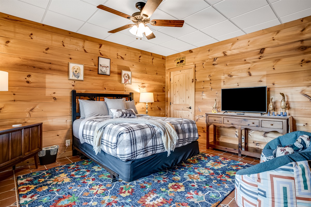 Second bedroom on the lower level with a queen size bed