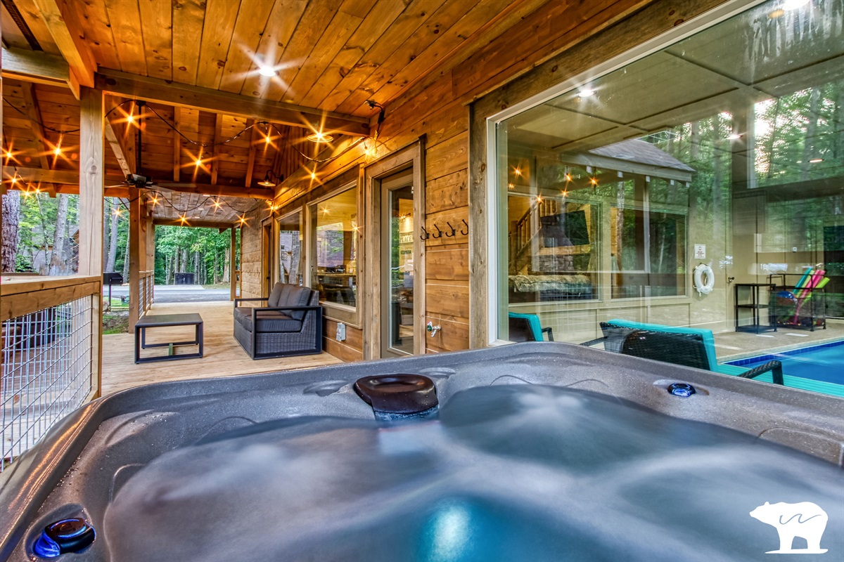 Enjoy an evening out on the deck cozying up to the wood fireplace while others enjoy the hot tub.