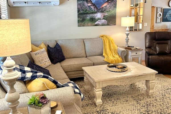 Step inside the beautifully decorated cabin with a French country style.