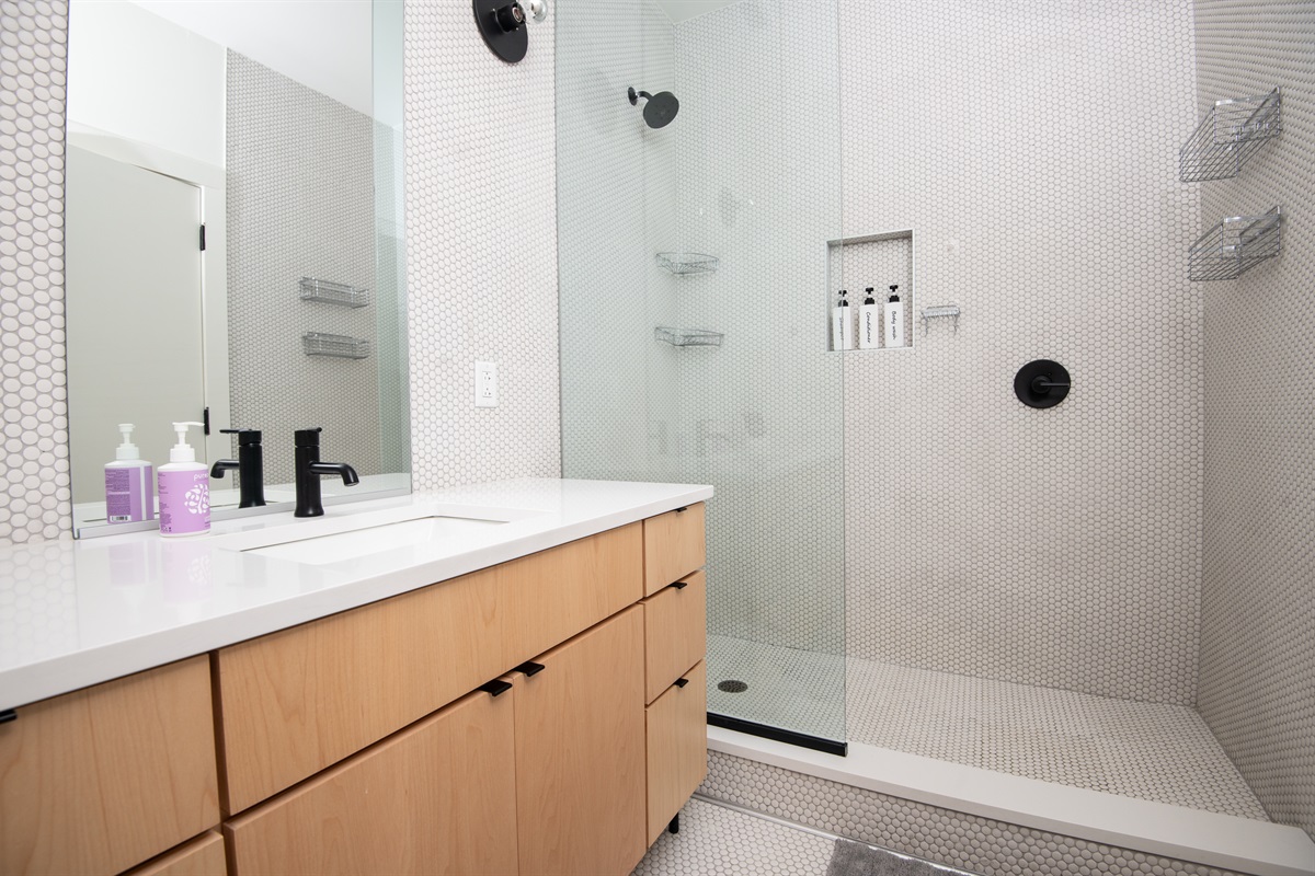 Modern bathroom with vanity and walk-in shower