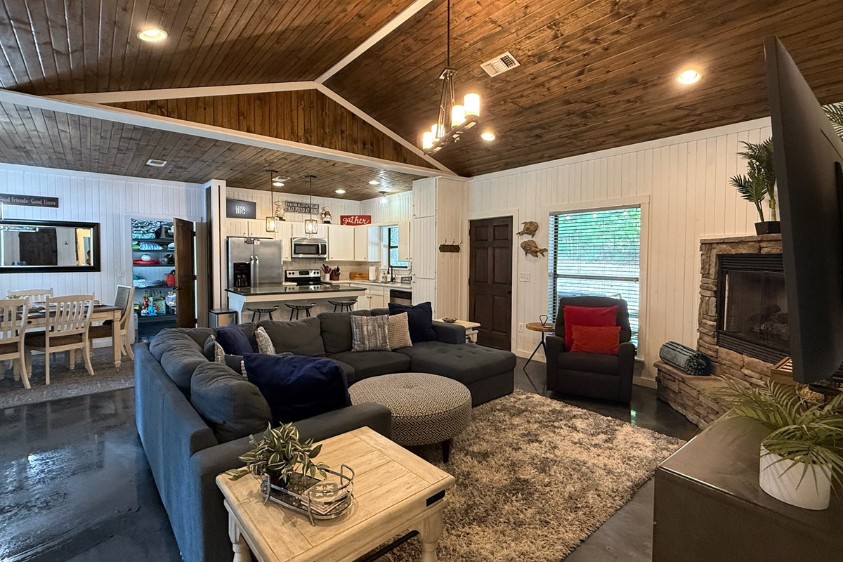 Gather & Connect Comfy sectional, recliner & fireplace glow
