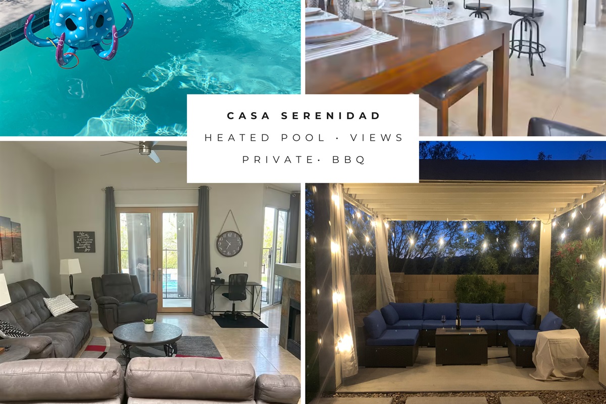 Step into warm desert comfort at Casa Serenidad. Nestled at the foot of the Catalina Mountains in peaceful Oro Valley, this three-bedroom retreat invites families and friends to unwind by a heated pool with waterfall.