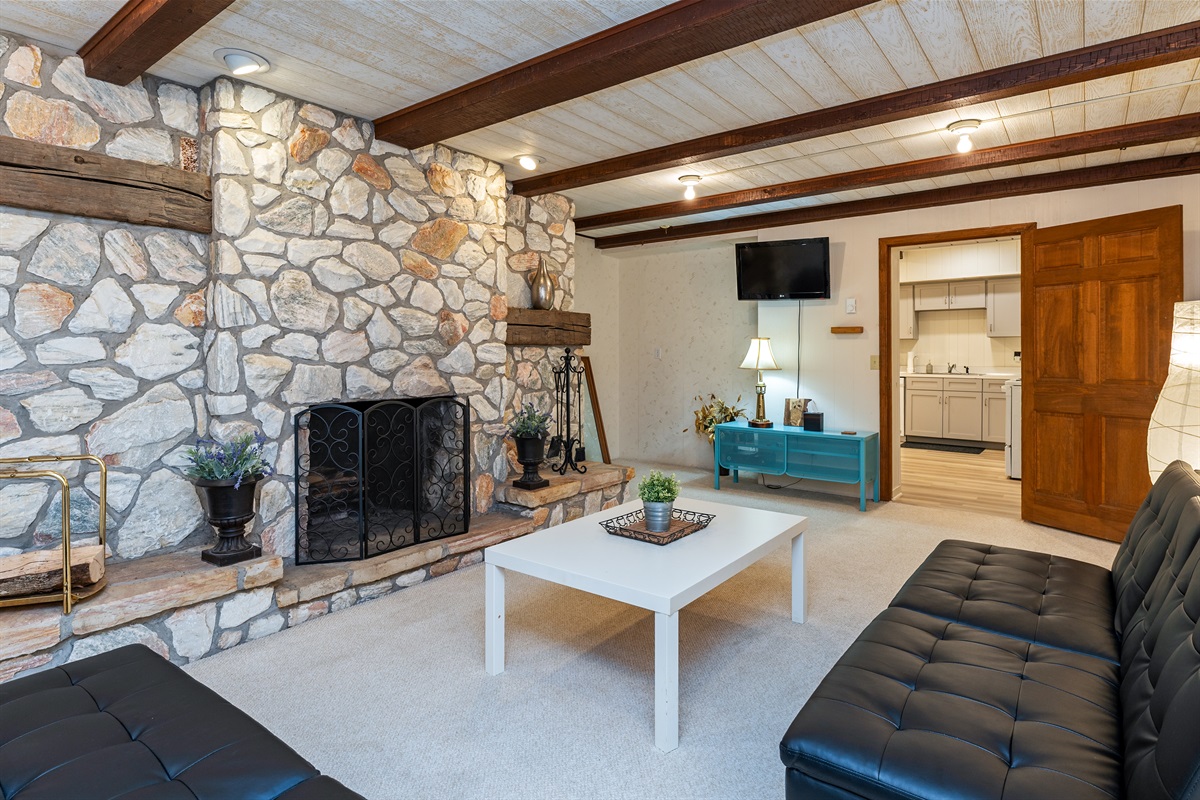 Unwind in the inviting basement level living room with plush seating and a stunning stone fireplace – a perfect spot for cozy evenings.