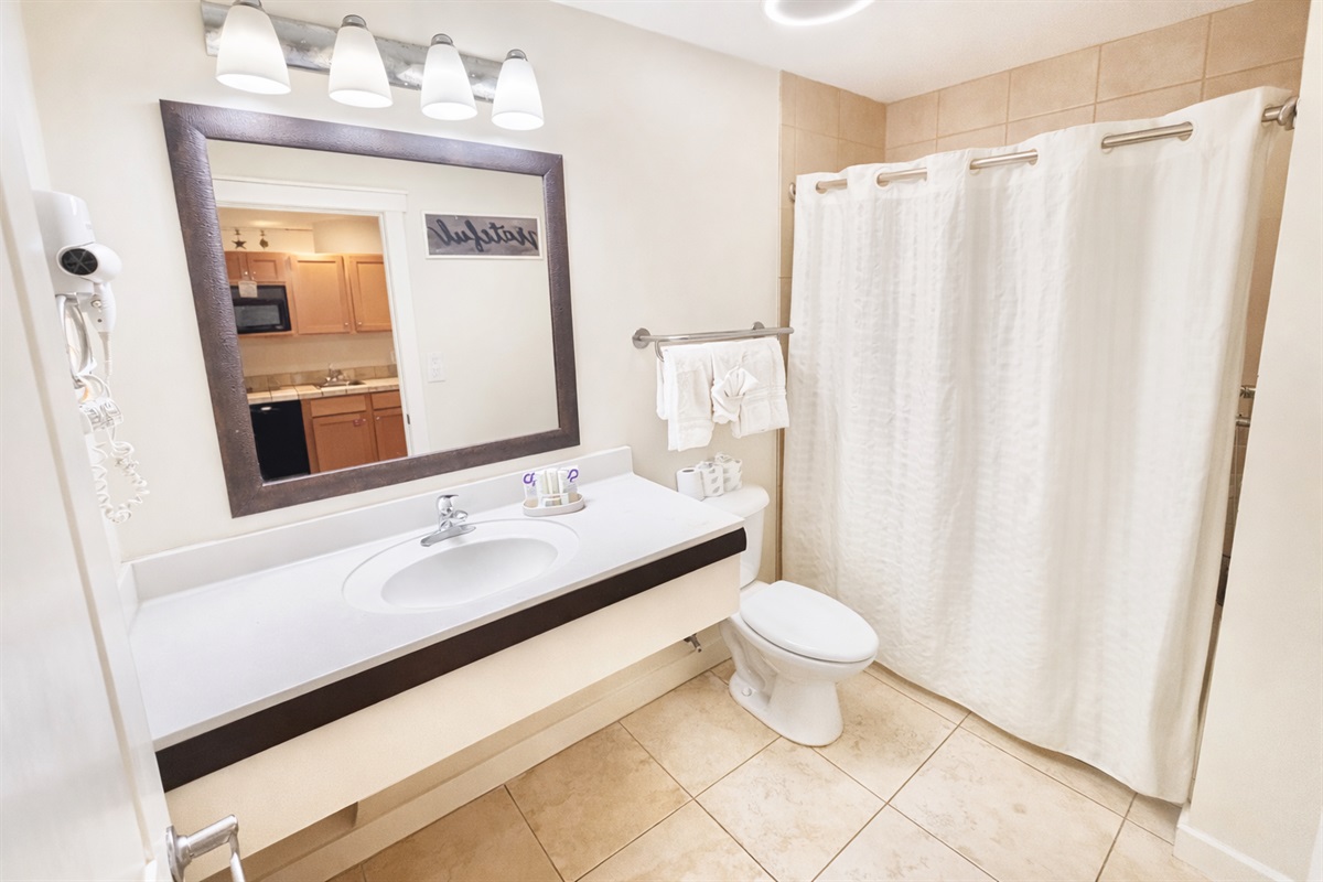 Full bathroom with Bluetooth speaker in ceiling!