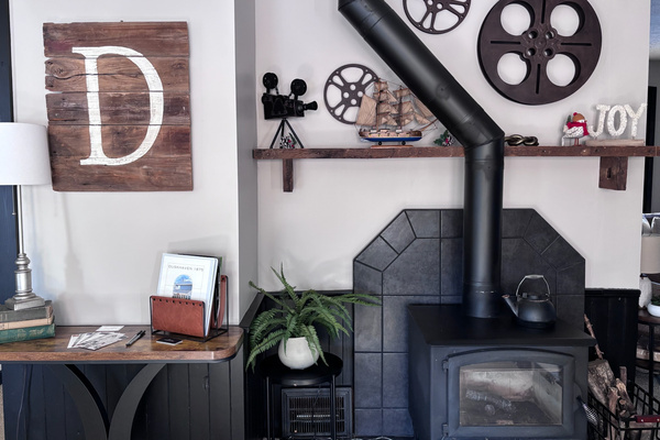 Vintage-inspired record player and decor add character to the library.