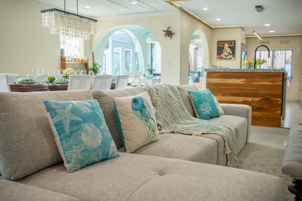 Our living room couch that can be expanded to relax during indoor movie nights in Dorado, Puerto Rico.