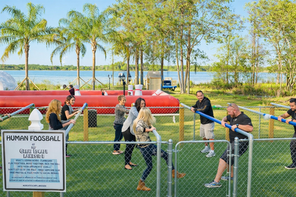Bring friends, family, and wedding guests to enjoy lifesize human foosball wtih a spectacular view of the lake