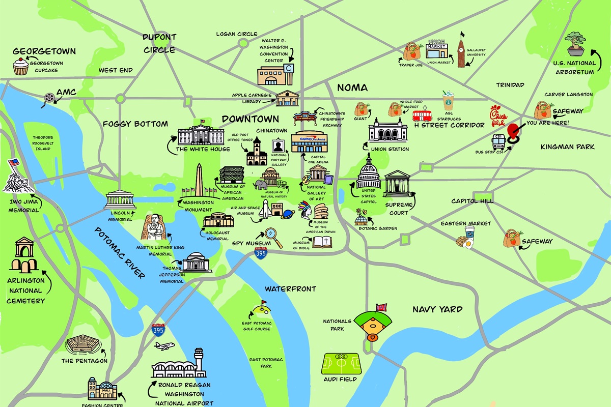 It’s a 5-minute drive from 1427 F St NE to 1133 and 1307 W VA AVE NE.