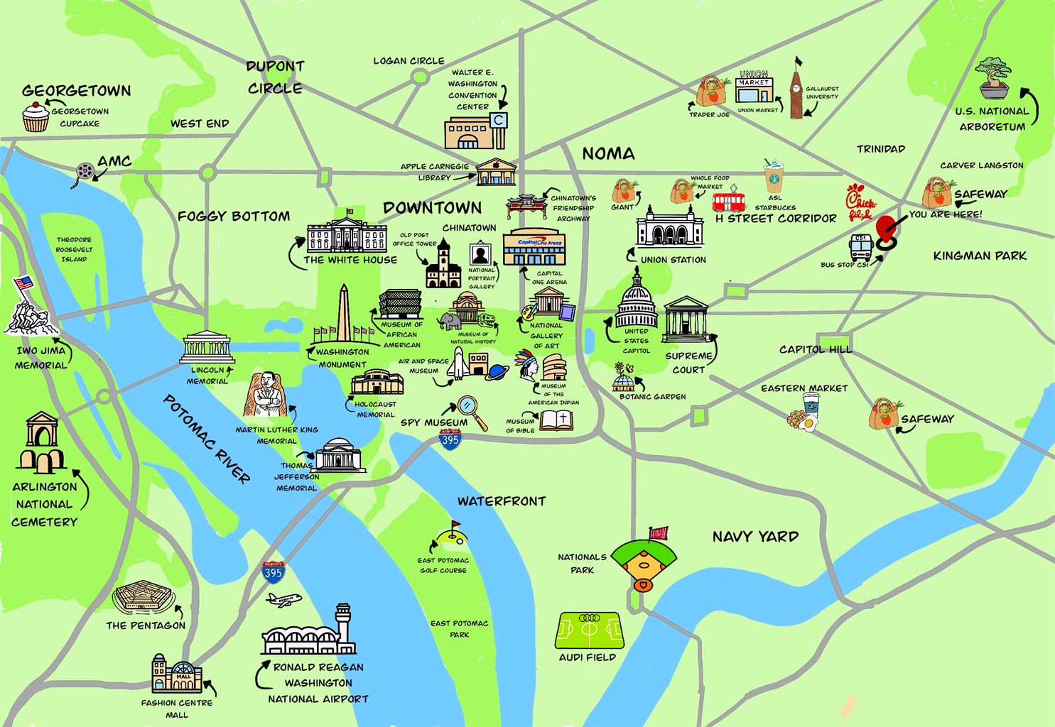 It’s a 5-minute drive from 1427 F St NE to 1133 and 1307 W VA AVE NE.