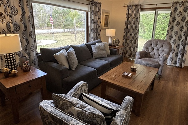 Living Room: New furniture, patio door access, Roku TV