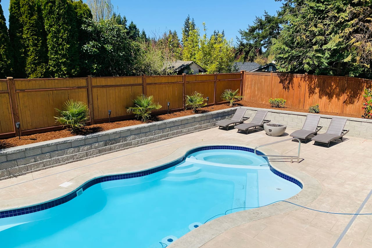 Welcome to the Pool in Edmonds Villa  . The main features are : New 2020, heated, private ,  water features like fountain,  hot tub , widely seating areas in pool and hot tub. Pool toys available for guest use.