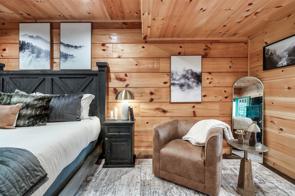 Master bedroom on level 1. There are no stairs to climb inside the house to access this bedroom.