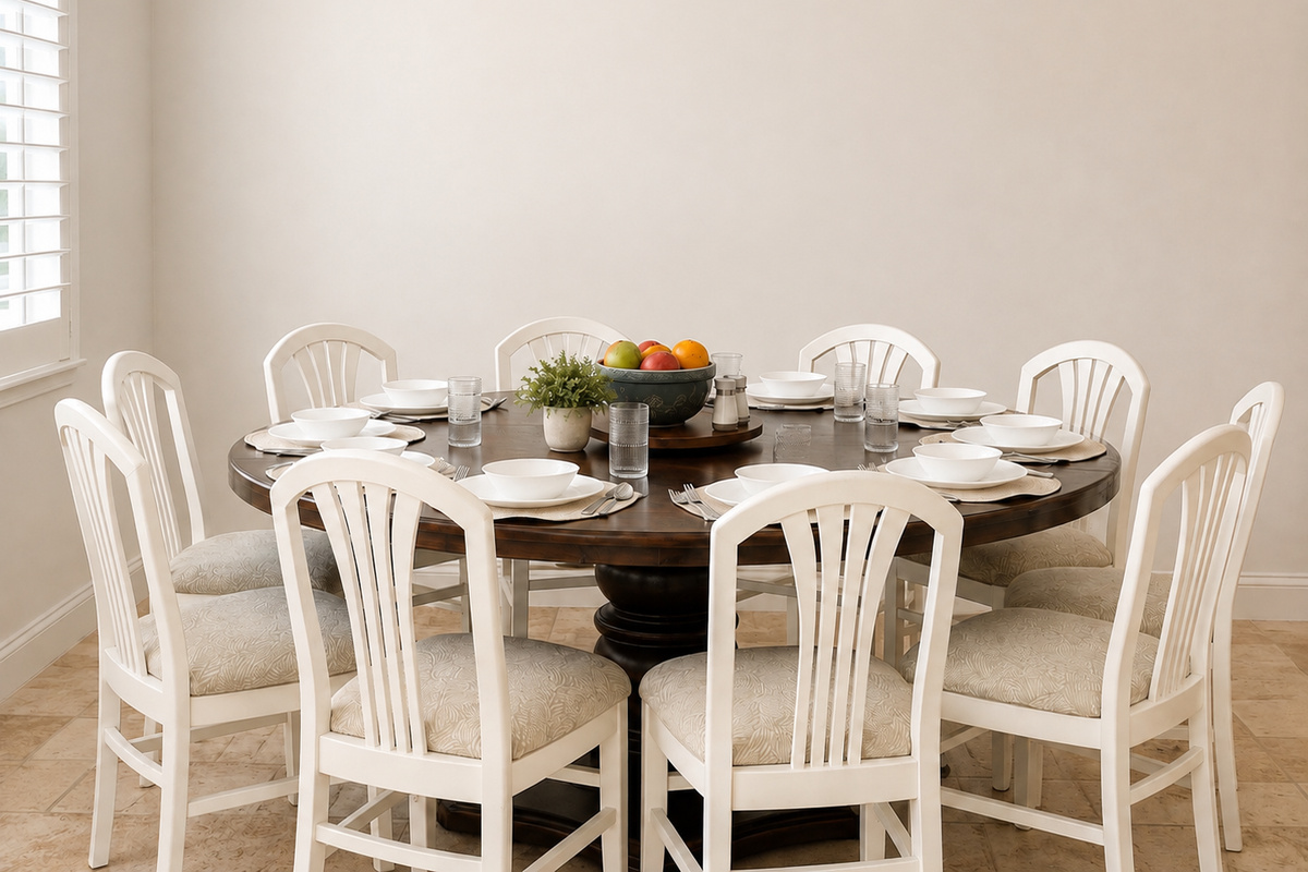 Dining space with a large 9 seat round table to gather around and share a meal or play games. 