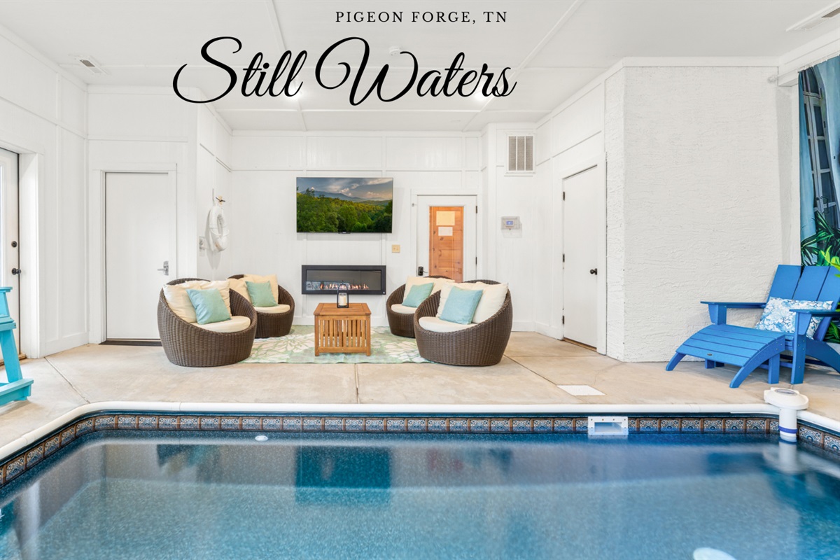 [Pool Room, Third Floor] Your private indoor pool heated to 84° with fireplace, big‑screen HD Smart TV and Xfinity Stream - just outside the door is a private balcony with hot tub.