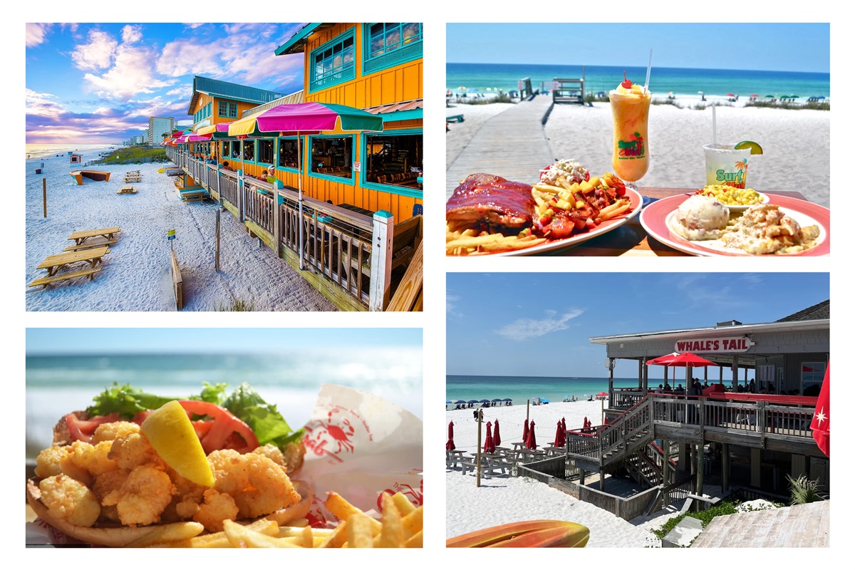 Waterfront dining at its best! Enjoy beachside views and fresh coastal flavors at Surf Hut, The Whale’s Tail, and The Crab Trap, Destin’s must-try spots for great food and ocean views.
