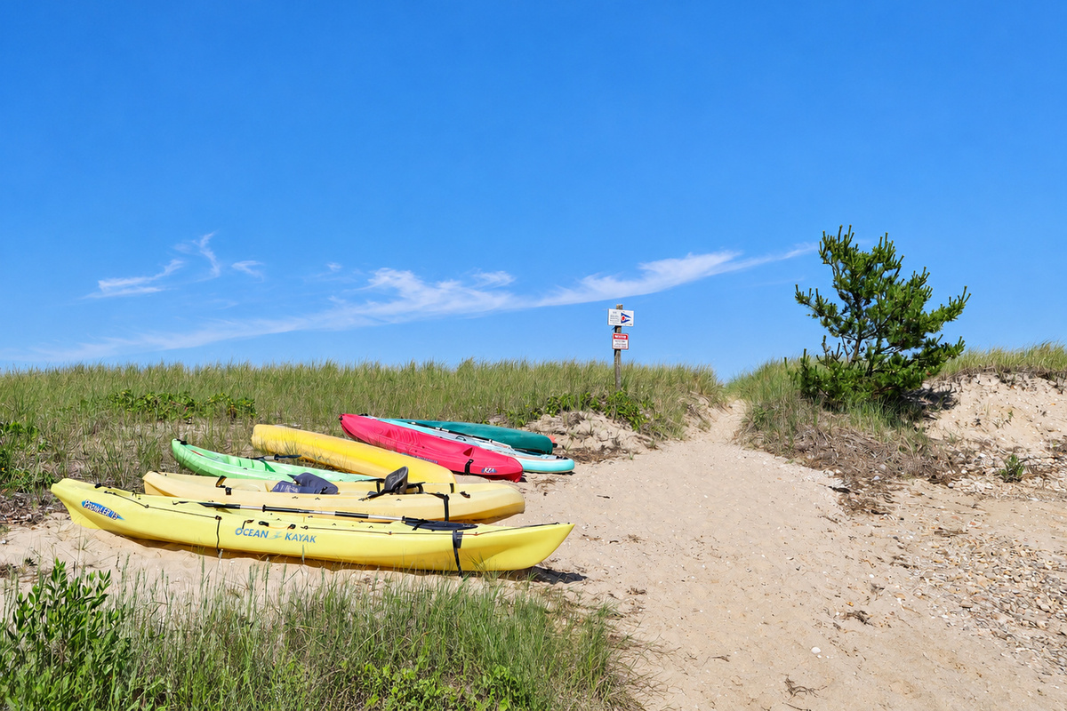 Kayaks on the private beach