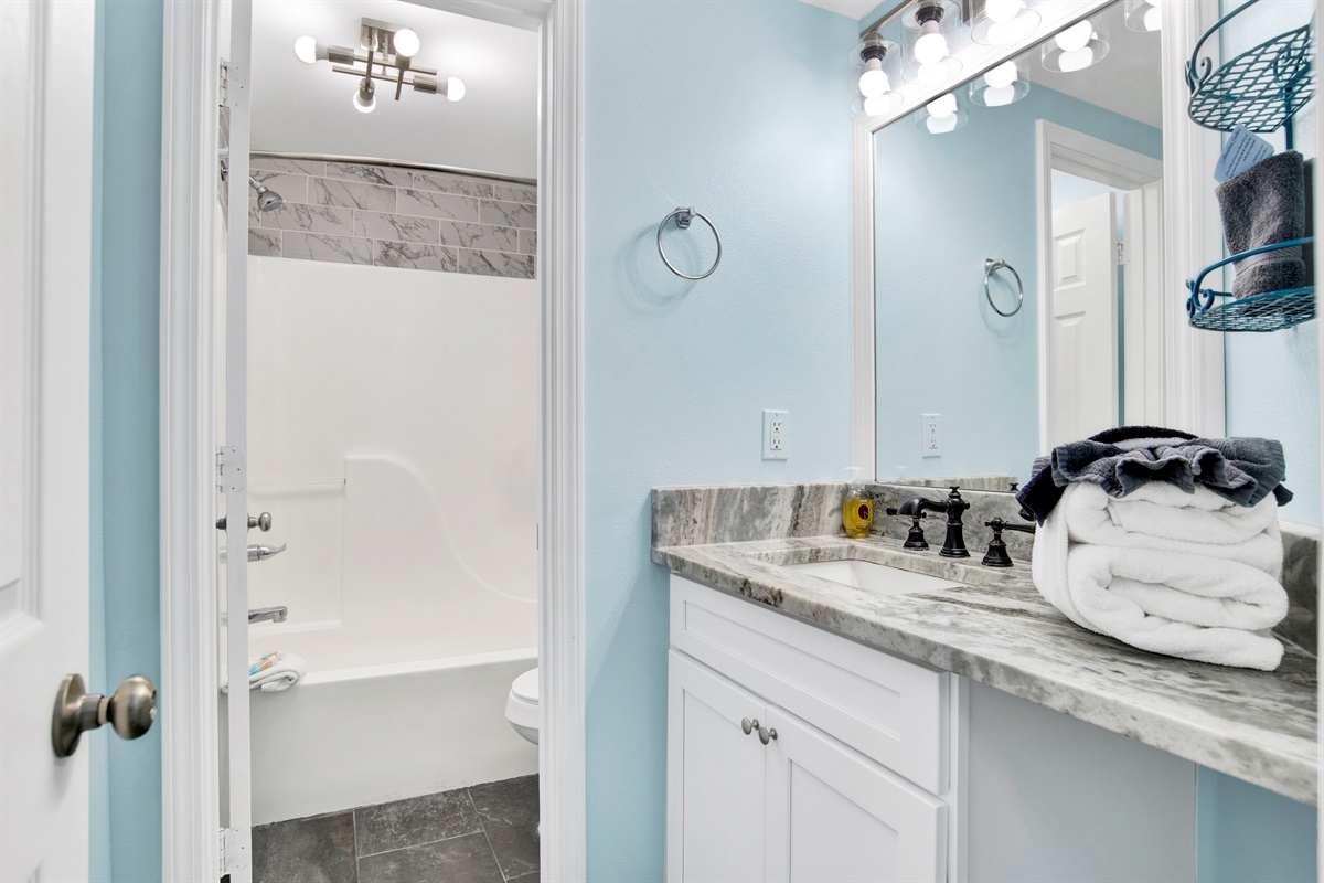 Main bath with a separate water closet for the tub/shower combo and toilet