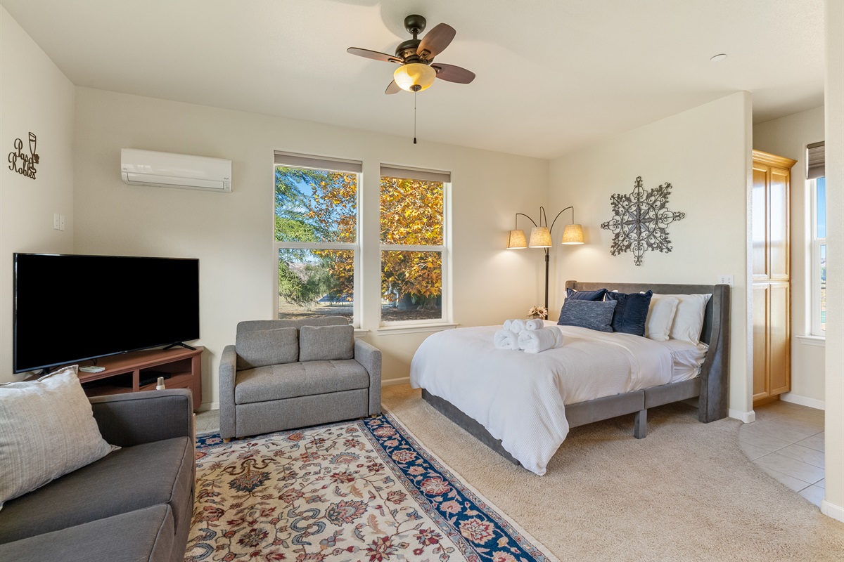 Casita includes a queen bed, private living space, kitchenette, and bathroom.