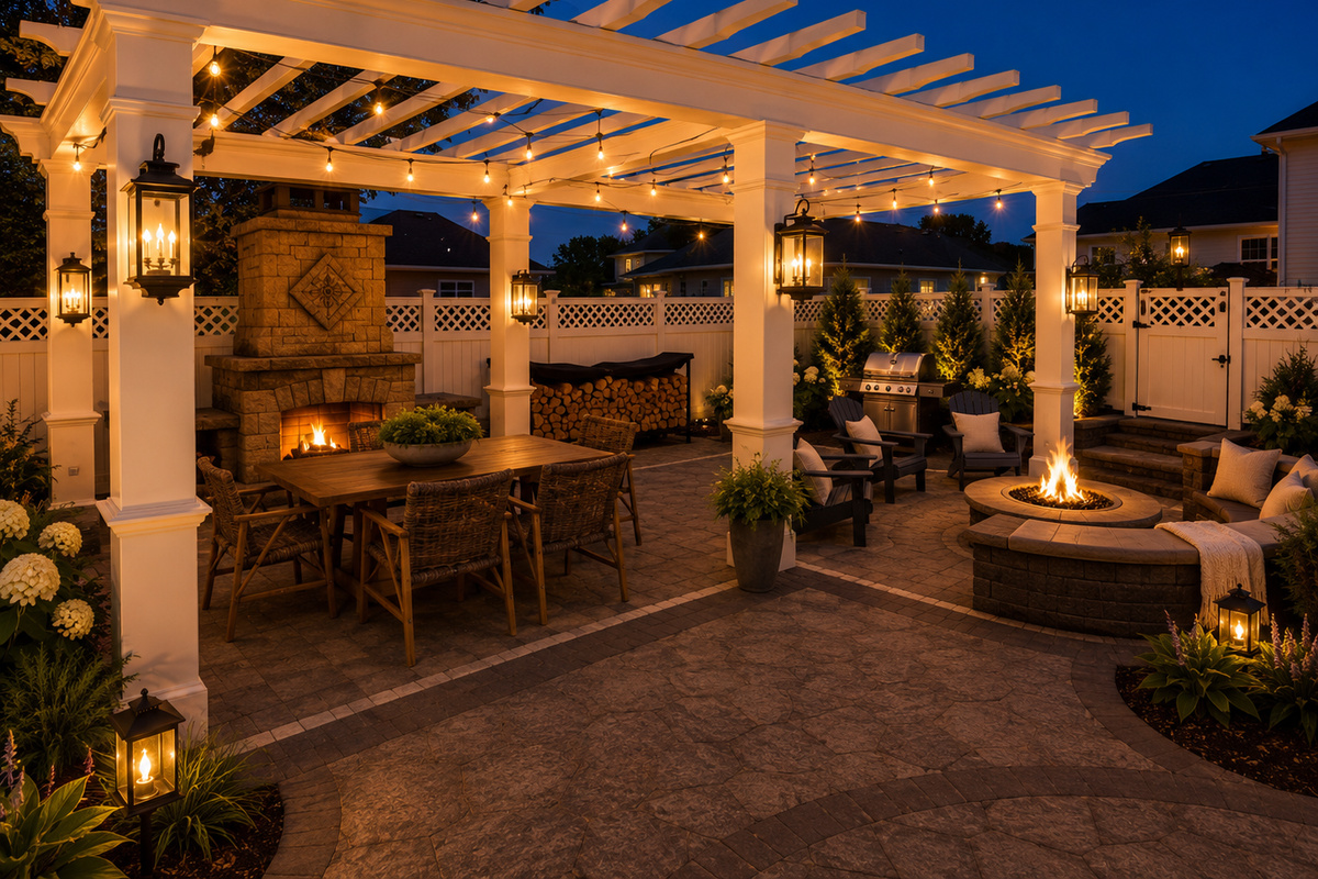 Gather under the pergola and enjoy one of the home's favorite outdoor spaces. Featuring a gas fire pit, outdoor dining area, grilling station, and ambient lighting, it's the perfect setting for relaxing evenings, conversation, and making memories.