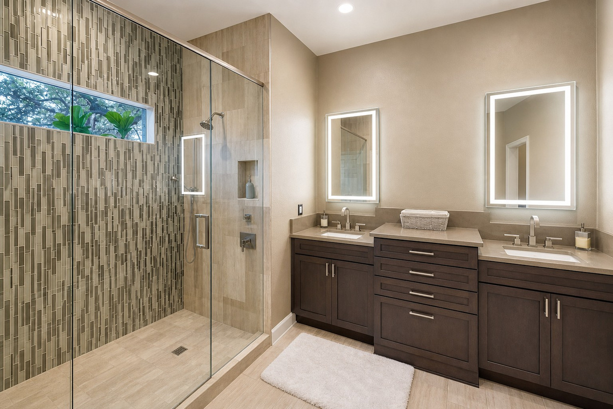 Spa-like bath w/ stone accents for soothing moments.