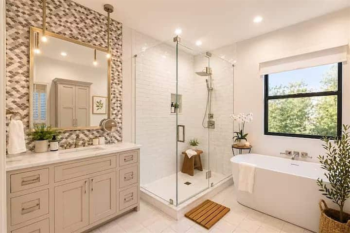 Spa-inspired bathroom with soaking tub and walk-in shower
