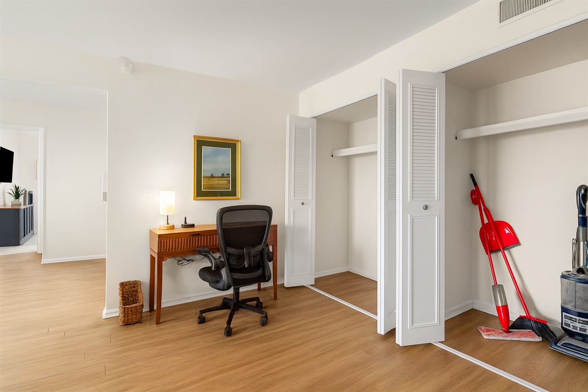 Dedicated work area with desk and chair—ideal for remote work or planning your next adventure.