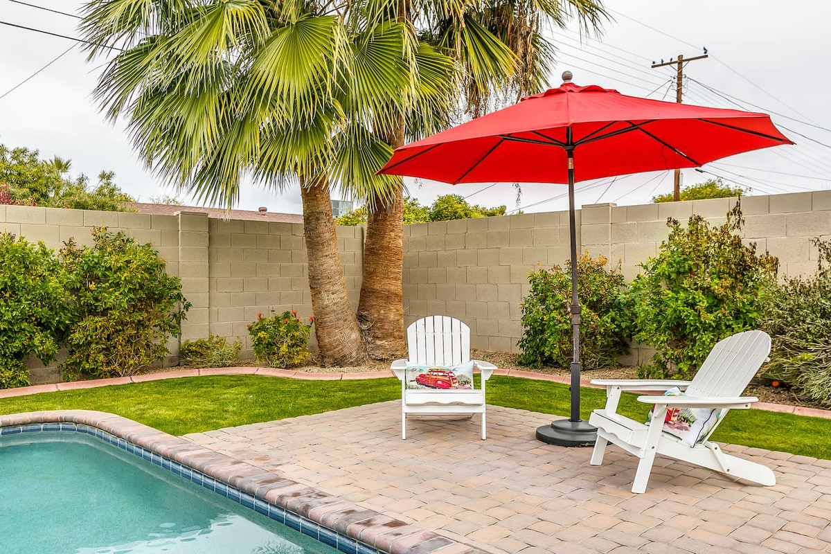 Too sunny? Shade is offered with umbrellas. Perfect weather for swimming, sunning, or chilling.