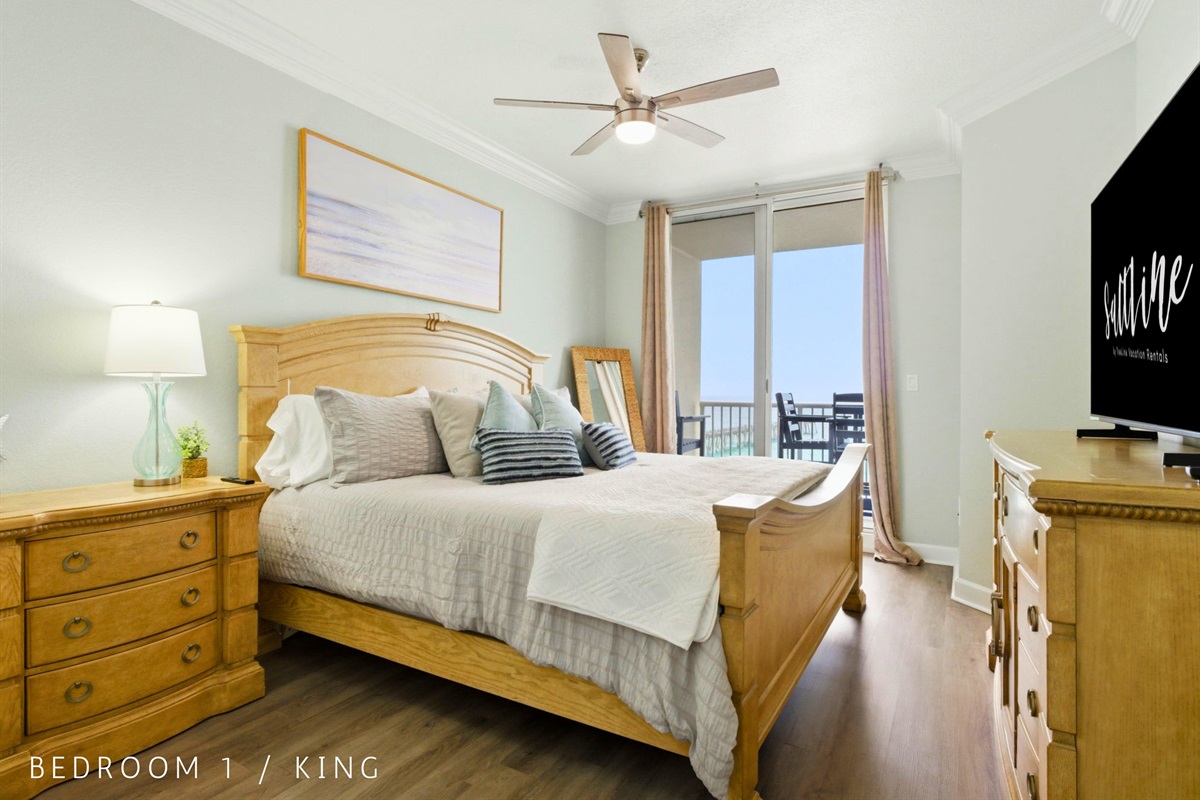Rest comfortably in the king bedroom while enjoying peaceful views of the coastline just beyond the windows.