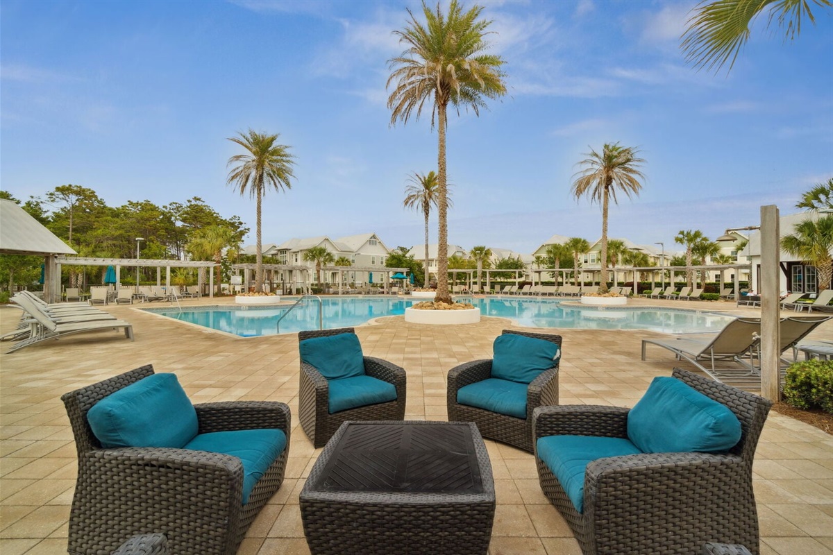 Lounge seating poolside.