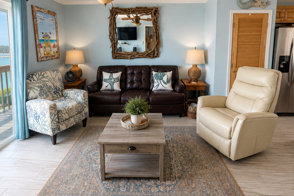 Bright, comfortable living space with plenty of room to relax after a day on the water or at the beach.