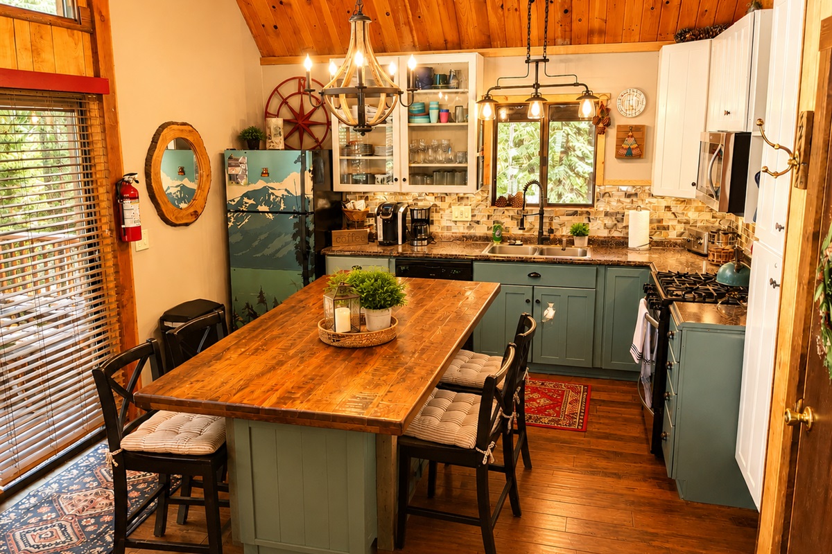 Our full kitchen is equipped with everything you should need for dinners in the cabin.  We have stove & oven, microwave, dishwasher, refrigerator, Keurig & drip coffee machines and fully stocked cooking and serving ware. Need something specific? Just ask!