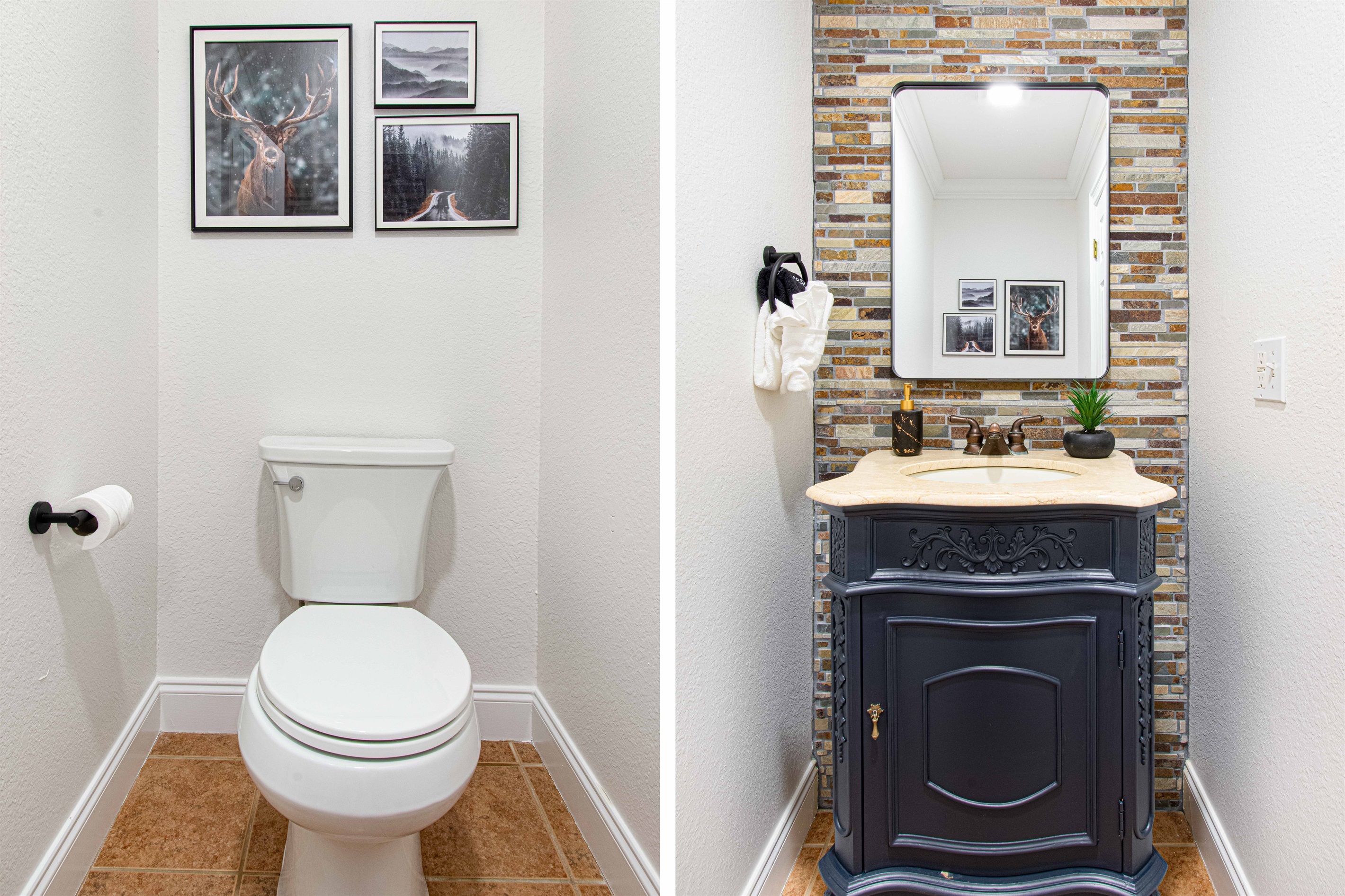 Charming half-bath featuring elegant decor, rustic artwork, and a stone backsplash. A cozy and stylish touch to your stay.