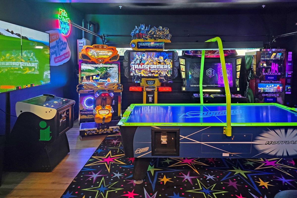 Commerical grade arcades include Golden Tee, Air Hockey, Super Bikes 2, Transformers, Tekken7, and so much more for hours of entertainment!